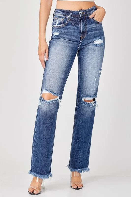 Casual Style Risen Full Size Raw Hem Distressed Straight Jeans