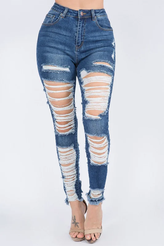 Sports Design Women's High Waist Heavy Distressing Denim Skinny Jeans