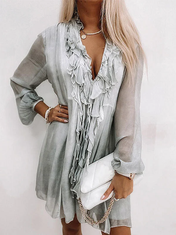 Innovative Design V Neck Long Trendy Sleeve Ruffle Midi Dress