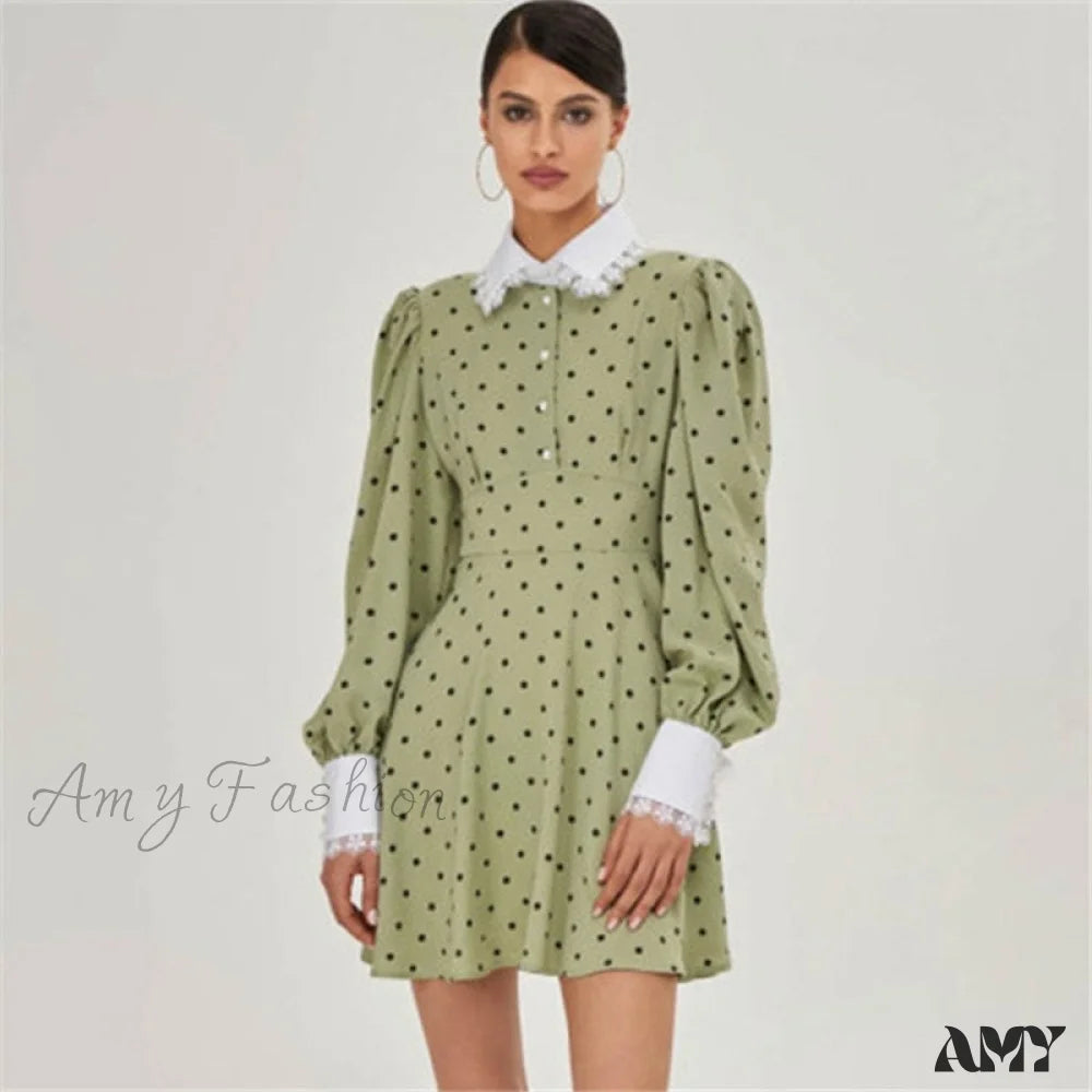 Simple Solid Color Amy Fashion - Lantern Sleeve Polka Dot A-Line Dress
