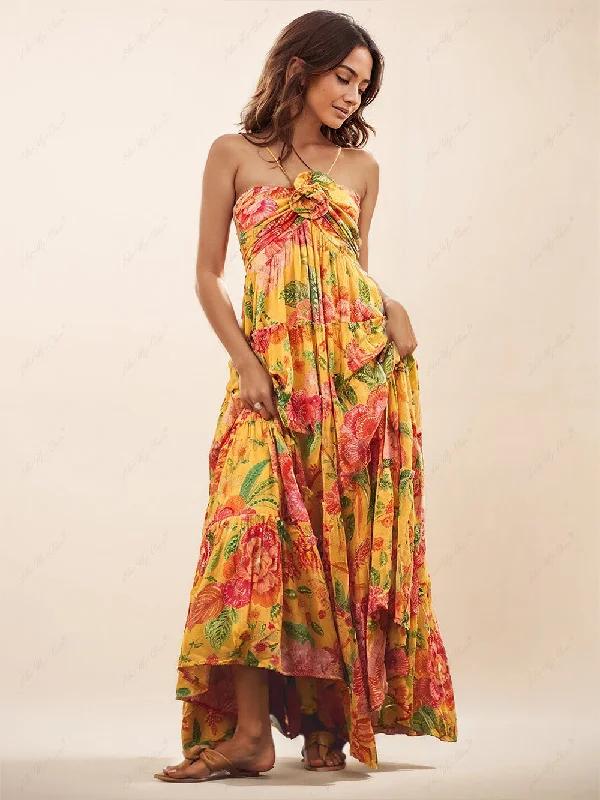 Bottom And Versatile Hanging Neck Printed Floral Graceful Design Backless Straight Maxi Dress