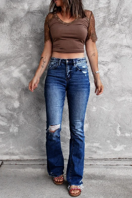 Noble Temperament DressBetty - Holes Ripped Tassel Flare Jeans High Waist Denim Ladies Vintage Stretch Slim Jeans