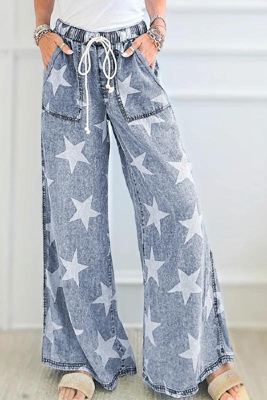 Unique Design Light Blue Star Print Light Wash Drawstring Wide Leg Jeans