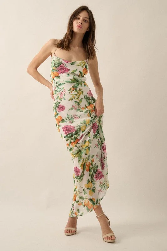 Thin Design Ari Sleeveless Cowl Neck Open Back Floral Print Maxi Dress White