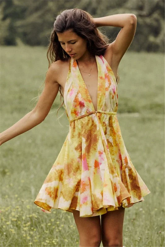 Elegant Style New fashionable V-neck suspender sexy printed halter neck short dress