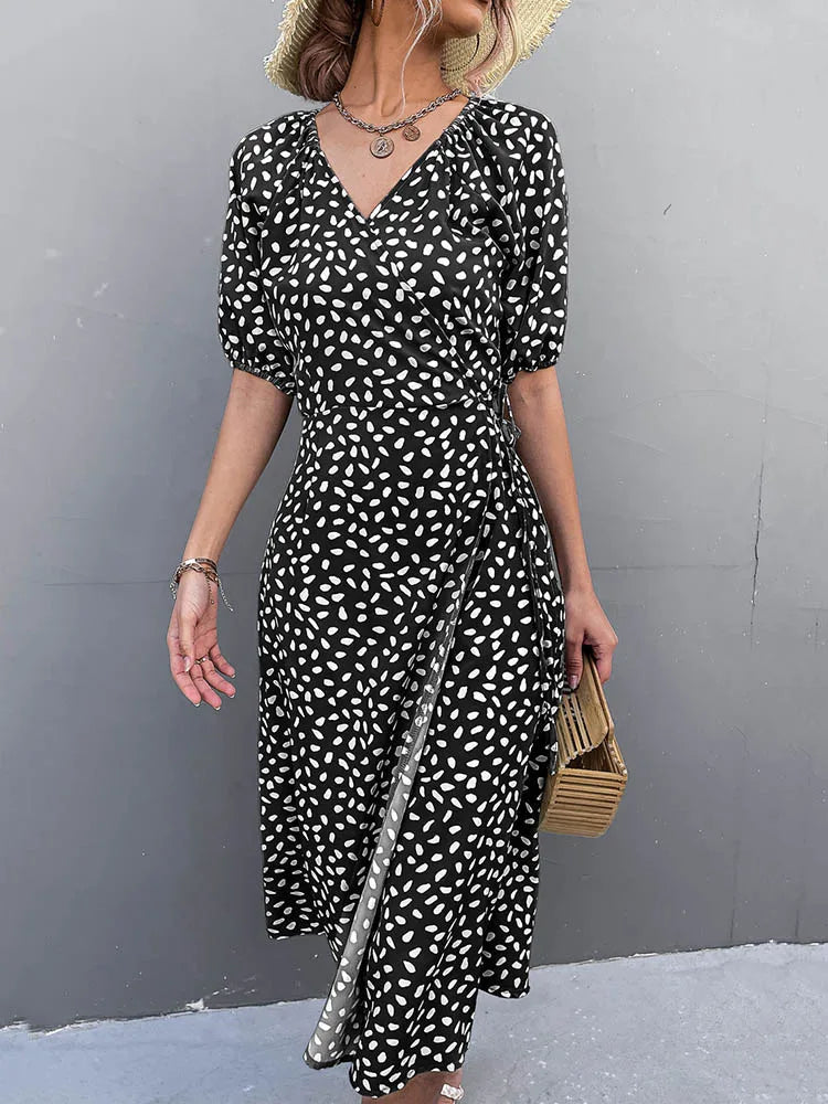 Elegant Style Casual Chiffon Side Wrap Polka Dot Puff A-line Split Midi Dresses