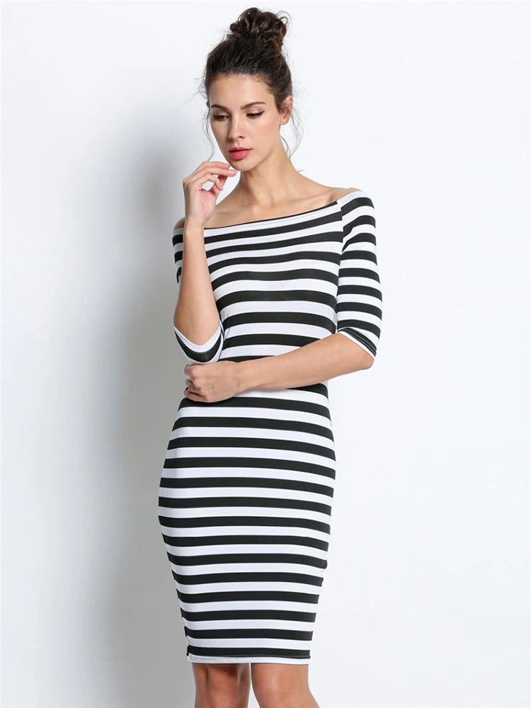 High-end Design Spring Summer Woman Size Casual Stripe Off Shoulder Long Midi Dresses