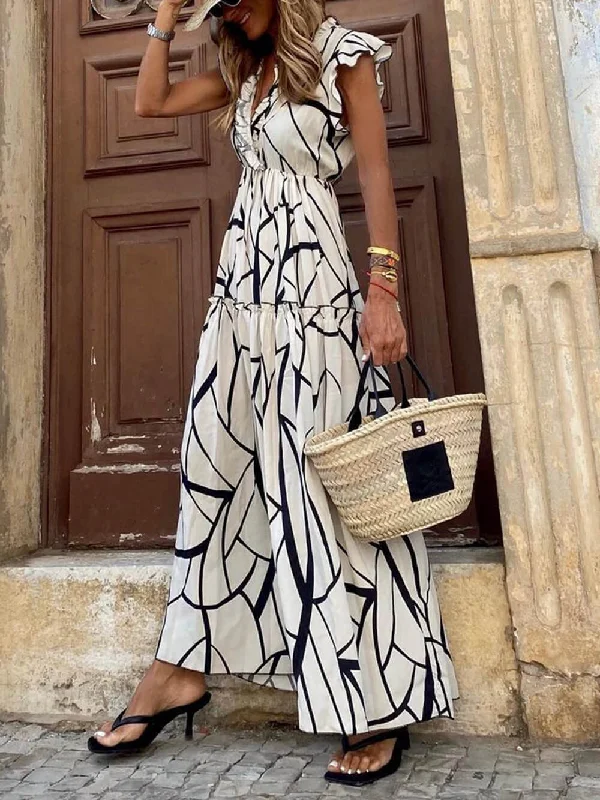 European And American Style Geometric Print V-Neck Charming Ruffled Hem Maxi Dress