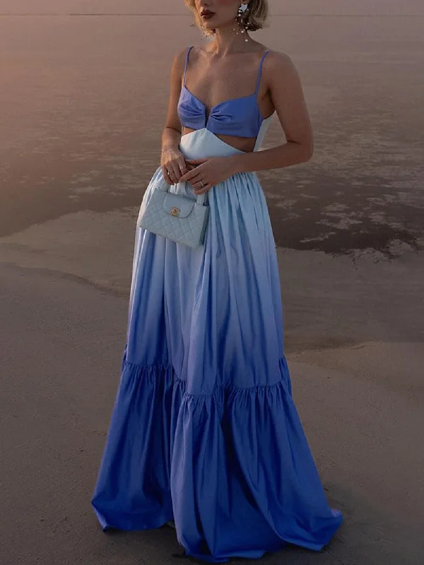 British casual Gradient Color Print Cutout Graceful Waist Tiered Maxi Dress