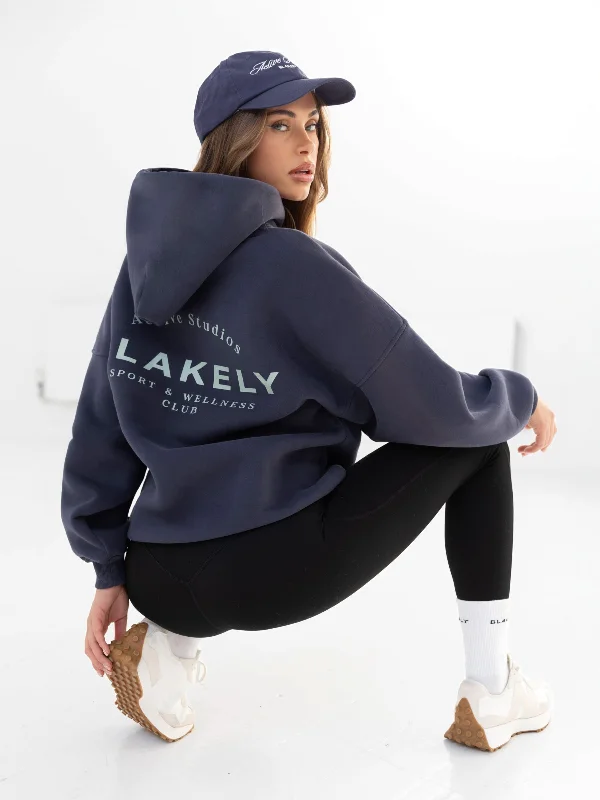 Embroidered Letters Active Studios Oversized Hoodie - True Navy & Mineral Blue