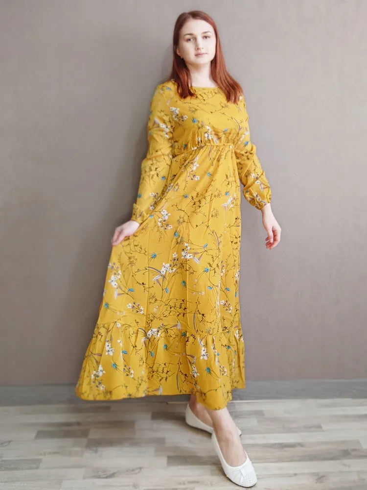 Nightclub Style Spring Maxi Casual Full Floral Printed O-neck Woman Bohe Party Midi Dresses