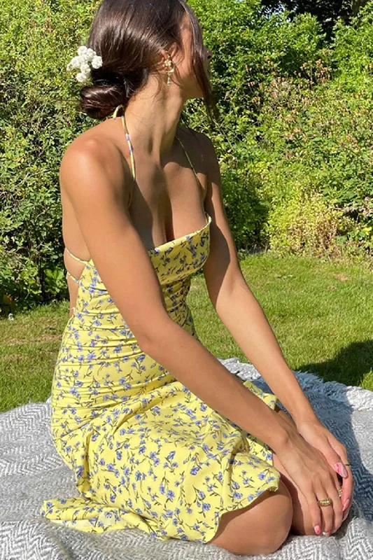 Youthful TastyHottie - Yellow Floral Print Tie-back Slit Dress