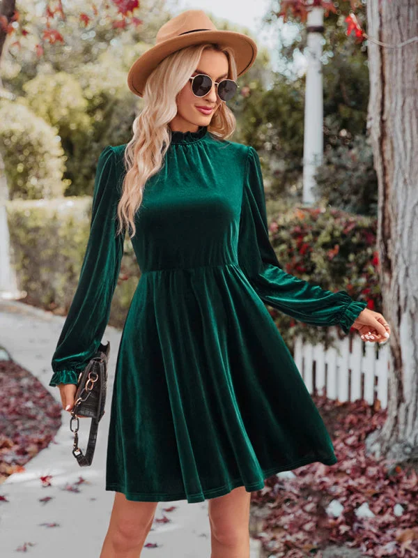 Sports Cool Turtleneck velvet solid color waist dress