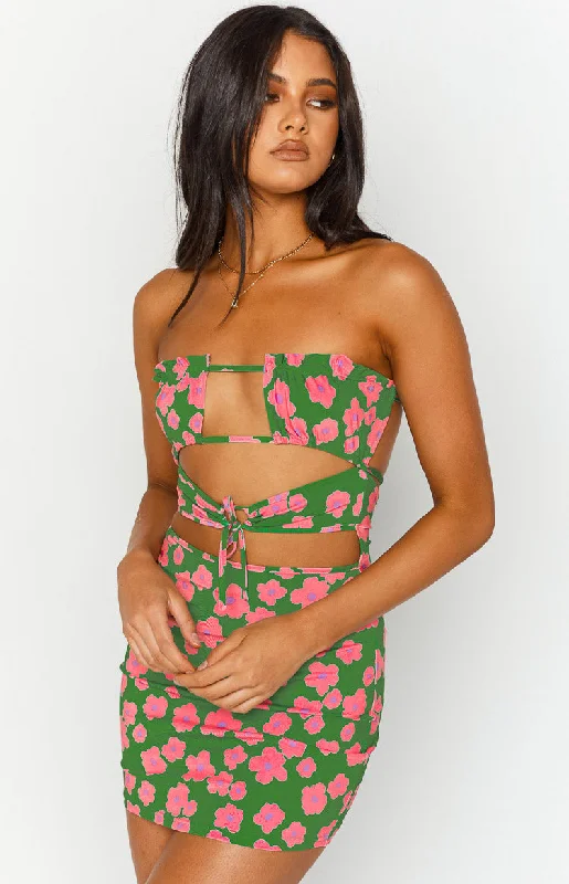 Knowledge And Elegance Chantria Green Floral Strapless Mini Dress