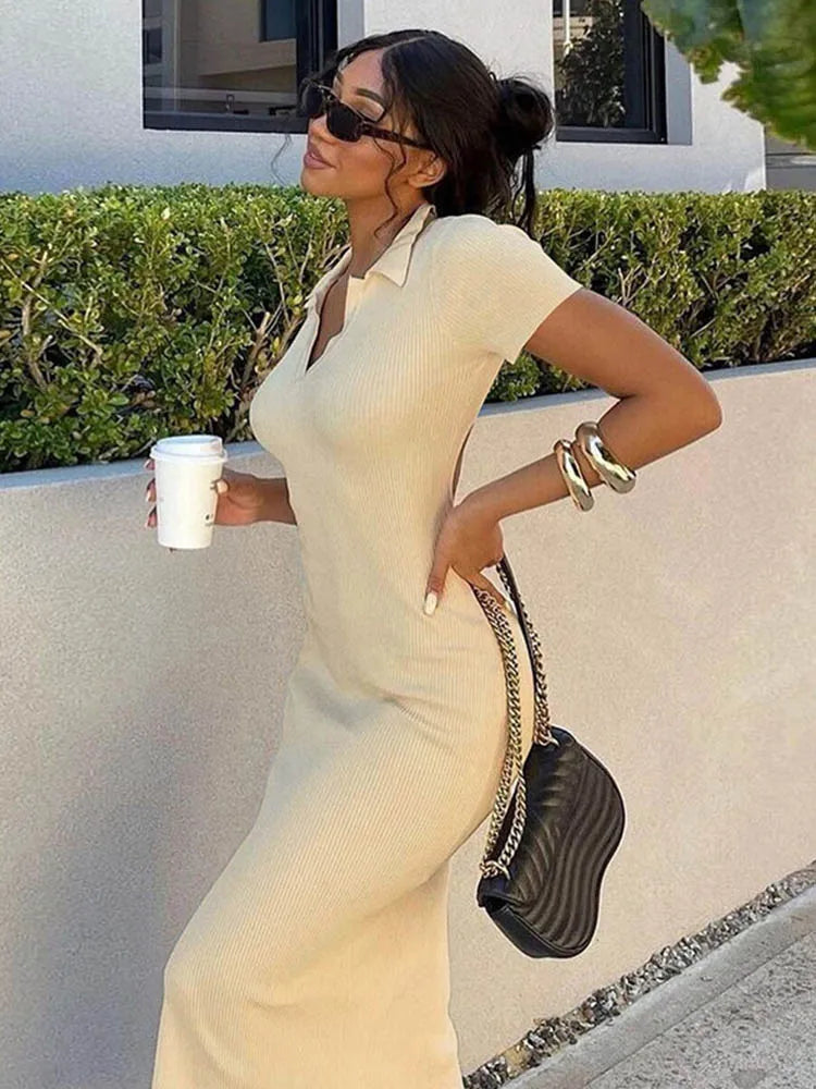 Classic Series Elegant Knitted Short Sleeve Backless Streetwear Stretch Midi Dresses