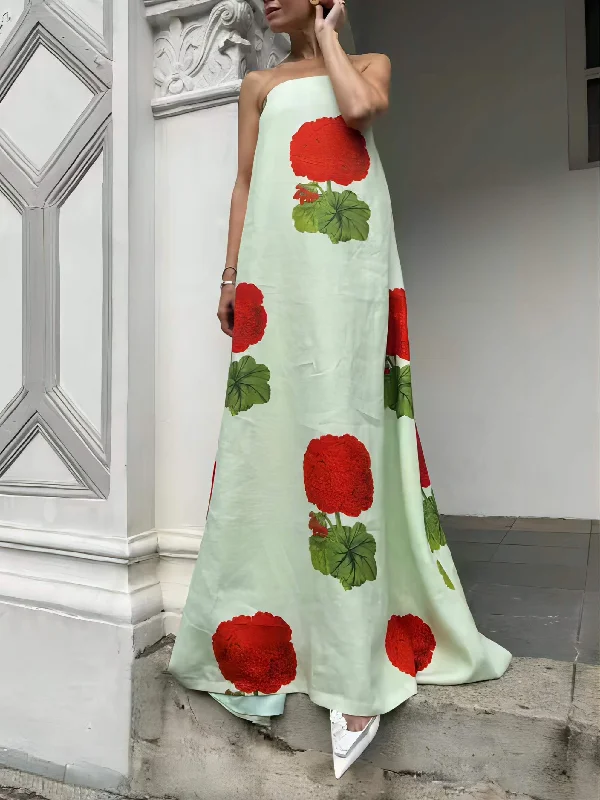 Stretch Design Geranium Floral Stylish Print Maxi Dress