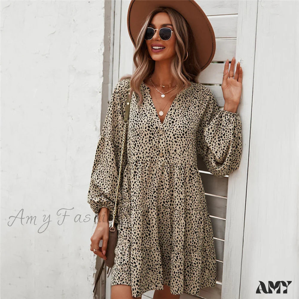 Embroidered Letters Amy Fashion - Casual V Neck Button Full Sleeve Dot Mini Dresses