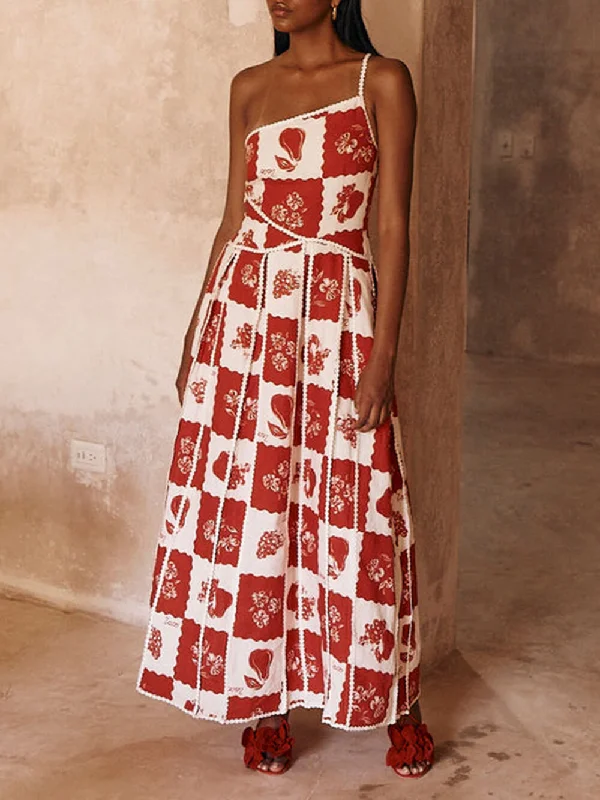 High-end Design Floral Trim Unique Printed Graceful One Shoulder Flared Maxi Dress