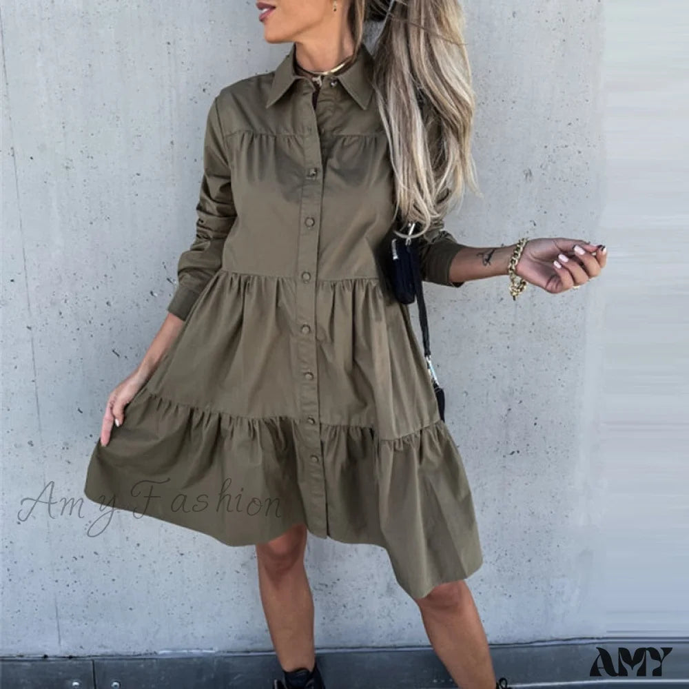 Fashion Elements Amy Fashion - Lapel Pleated Ruffle Female Mini Dress