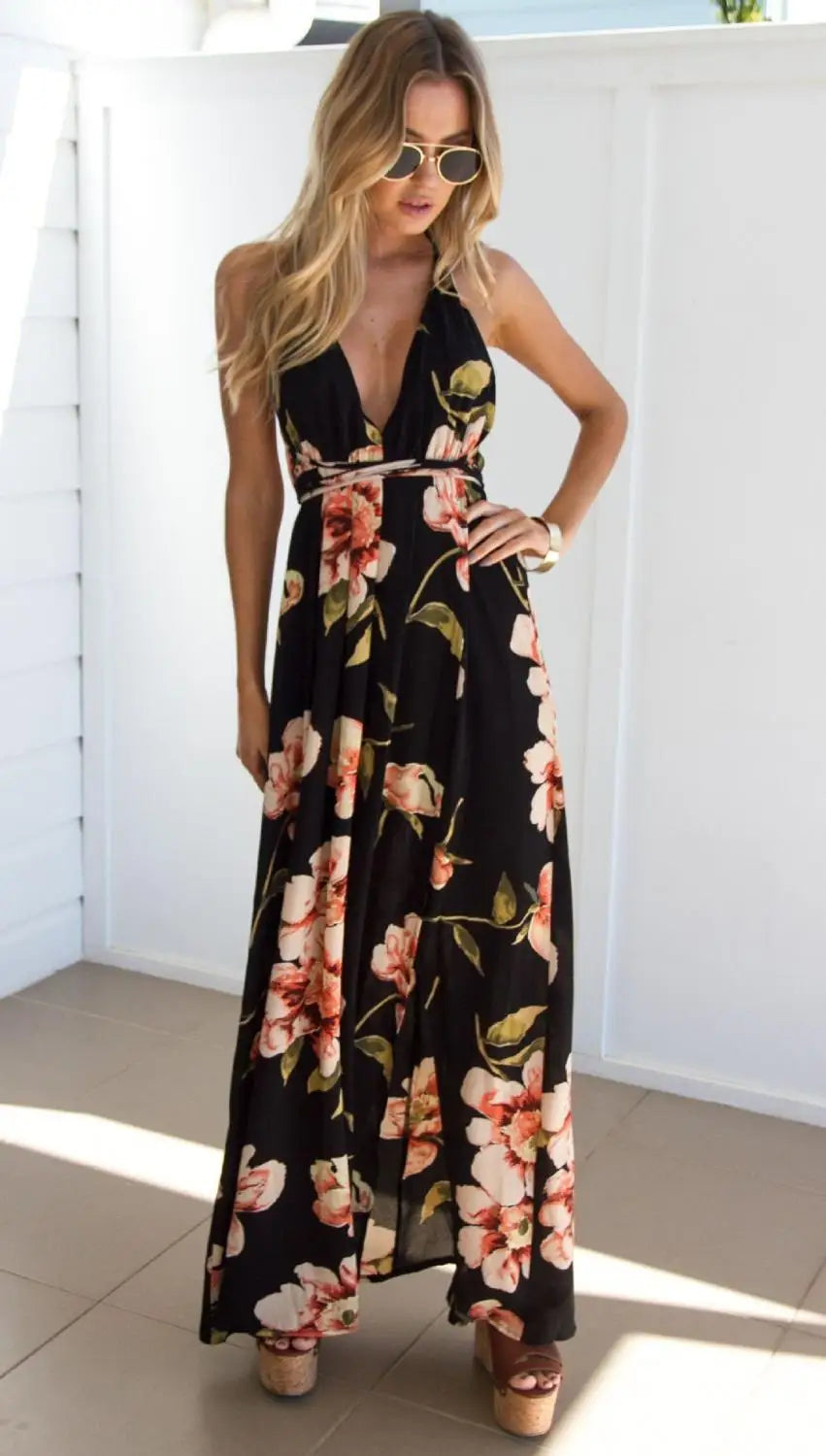 French Style Summer Floral Sexy Pleated Backless Robe Evenning- Midi Dresses