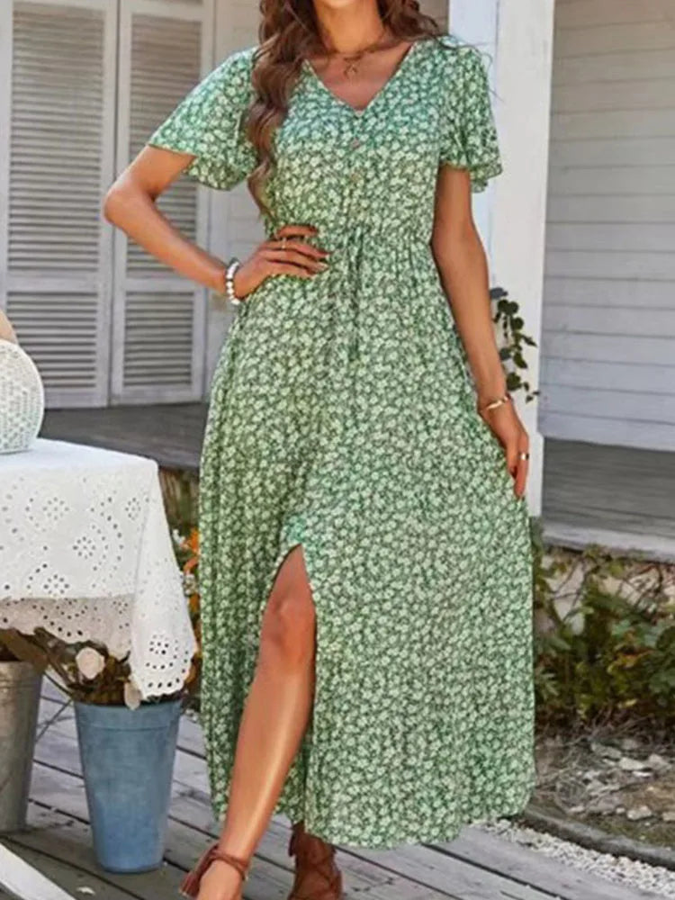 European And American Style Vintage Floral Elegant Loose New Slit Holiday Leisure Print Midi Dresses