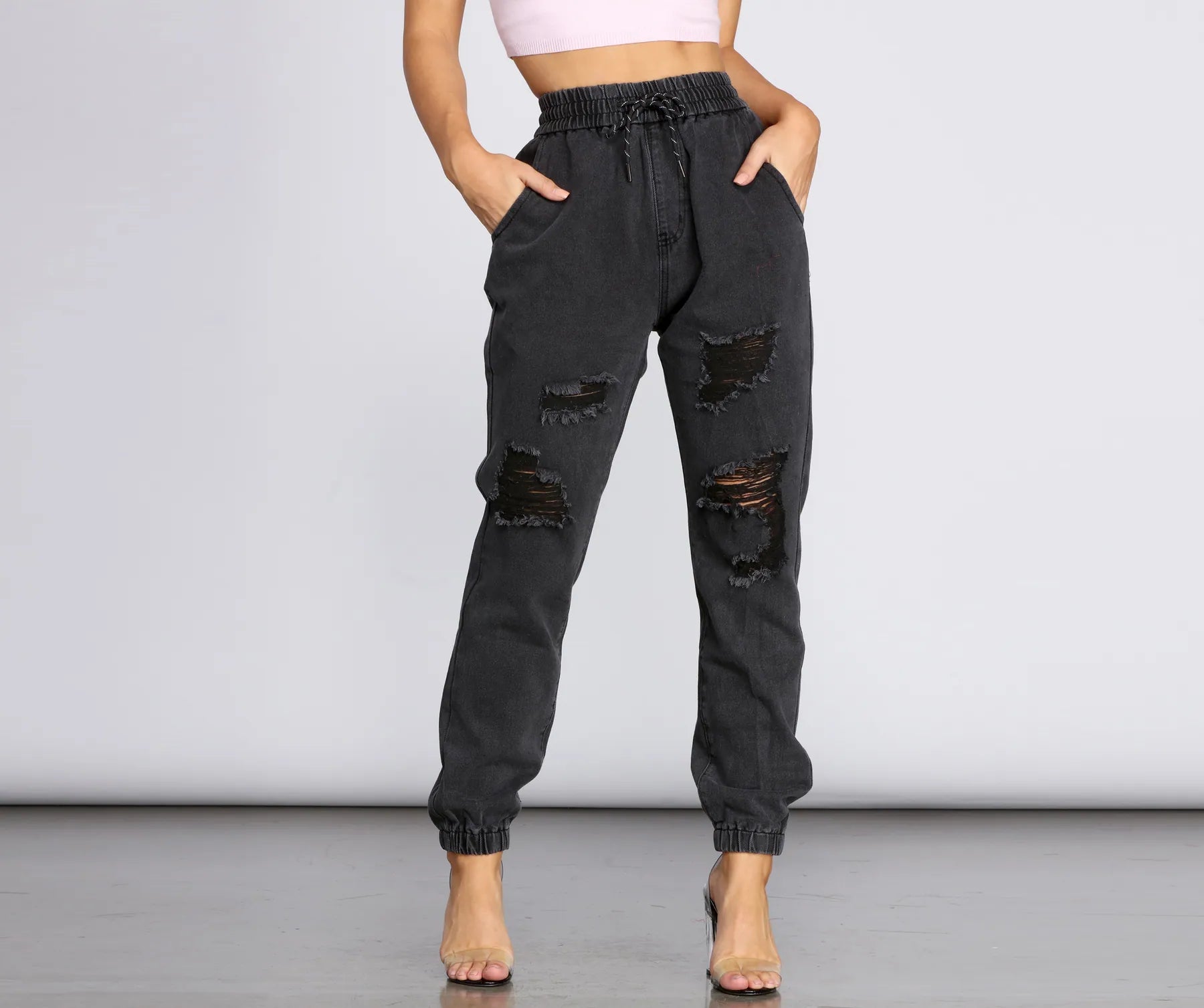 High-end Fabrics Distressed Denim Joggers
