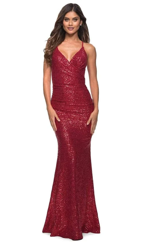 Classic Style La Femme - 30362 V-Neck Strappy Back Long Gown