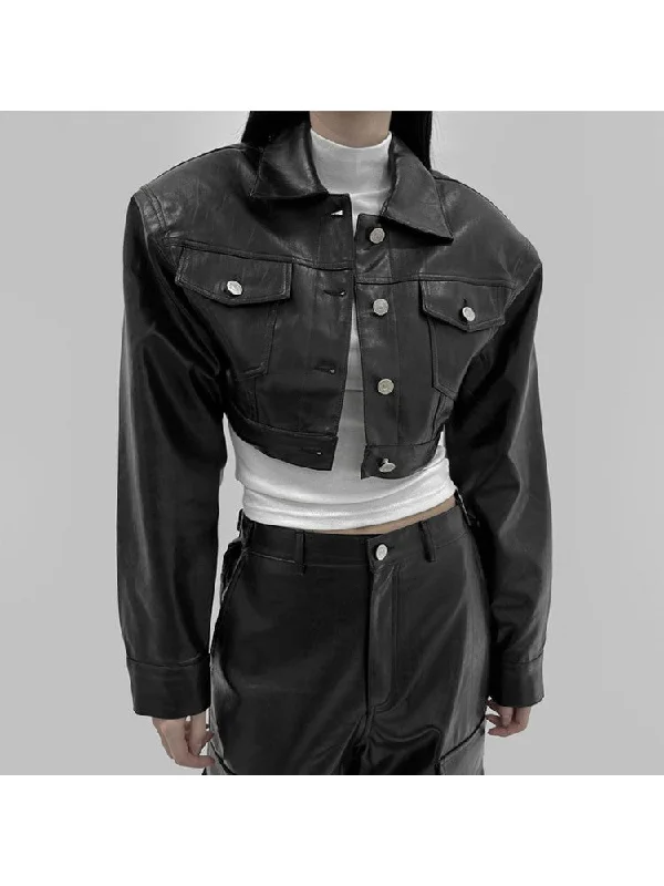 French Style Padded Shoulders Buckle Lapel Cropped Peacoat