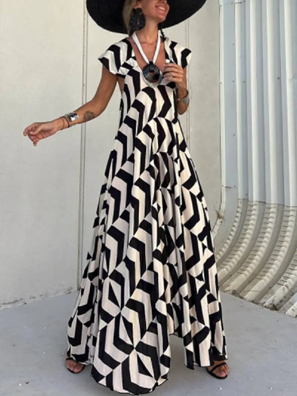 Slightly Flared Design Fresh Unique Ethnic Print Graceful Ruffle Sleeve A-line Maxi Dress Slightly Flared Design Fresh Unique Ethnic Print Graceful Ruffle Sleeve A-line Maxi Dress