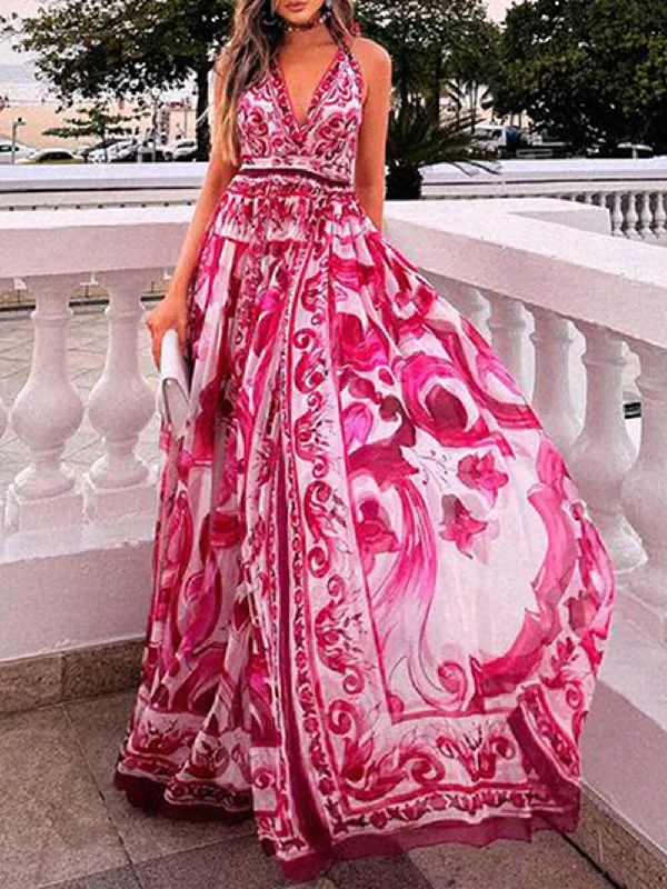 Comfortable down Halter Neck Backless Charming Printed Maxi Dress