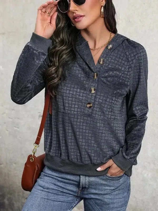 Slim Fit Buttoned Textured Women Hoodie
