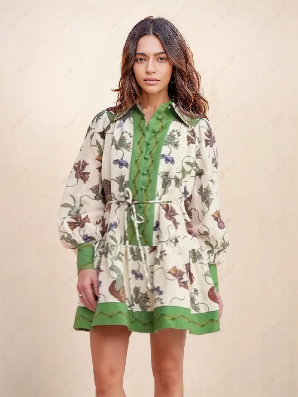 Fresh And Natural Unique Print Color Match Graceful Balloon Sleeve Shirt Mini Dress