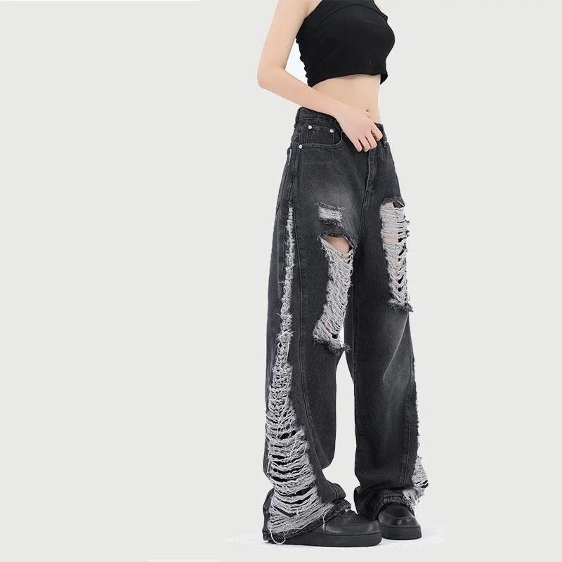 High-quality Fabrics Men's And Women's Same High Quality Loose Hole Washed Denim Trousers
