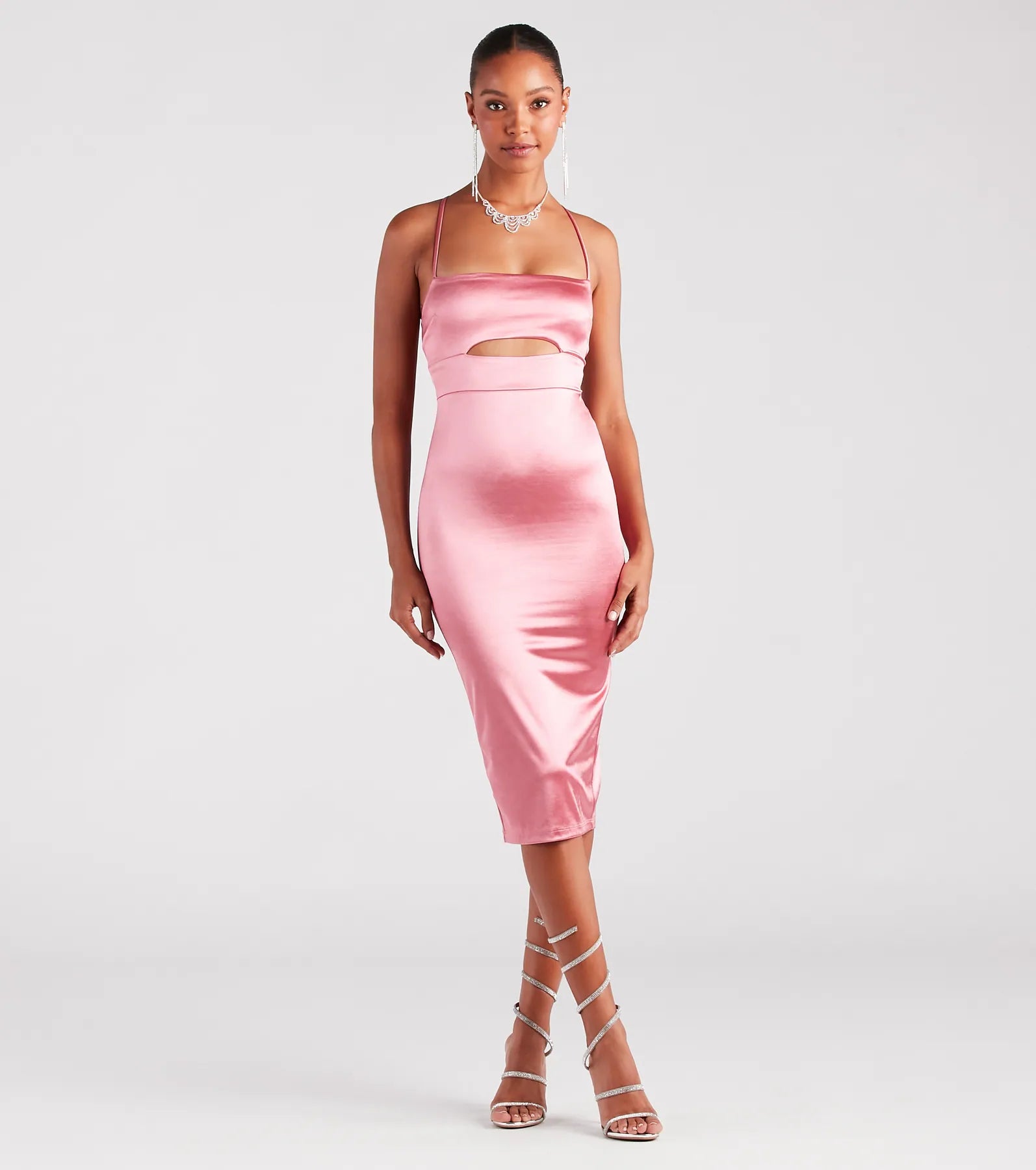 Trendy Items Step Out In Glamour Satin Lace-Up Midi Dress