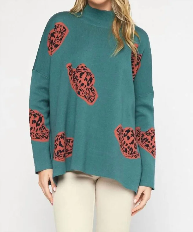 Dessert Matching Alexandra Cowboy Hat Mock Neck Long Sleeve Sweater Top In Forest
