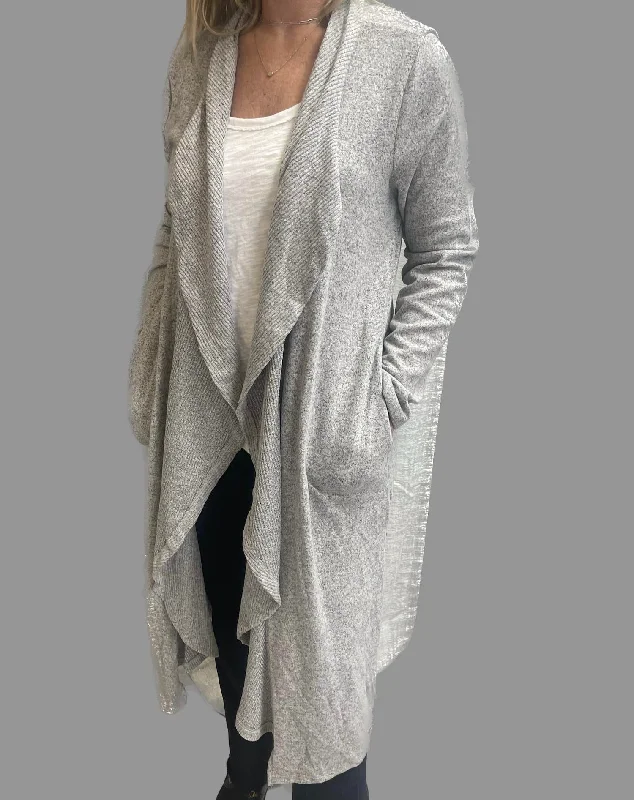 Embroidered Letters Auden Super Soft Long Drape Cardigan In Grey Onyx