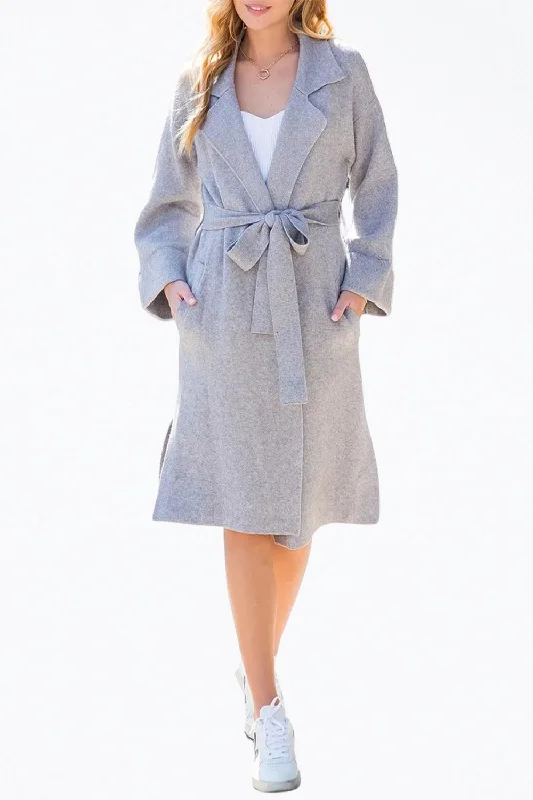 French Style Belted Knit Cardigan In Heather Grey