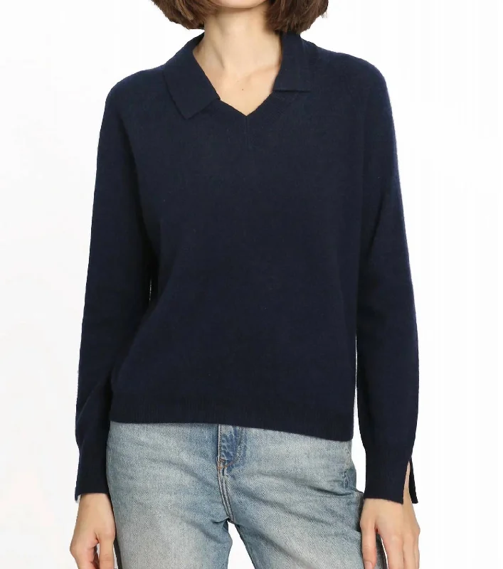 High-end Design Cashmere V-Neck Pullover Wth Collar In Navy