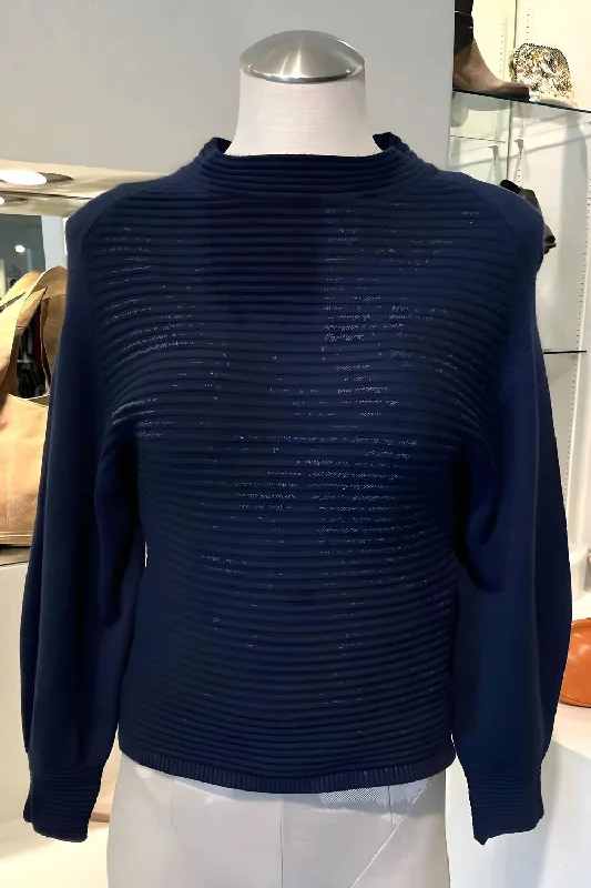 French Retro Diagonal Mock Neck Sweater In Oceano