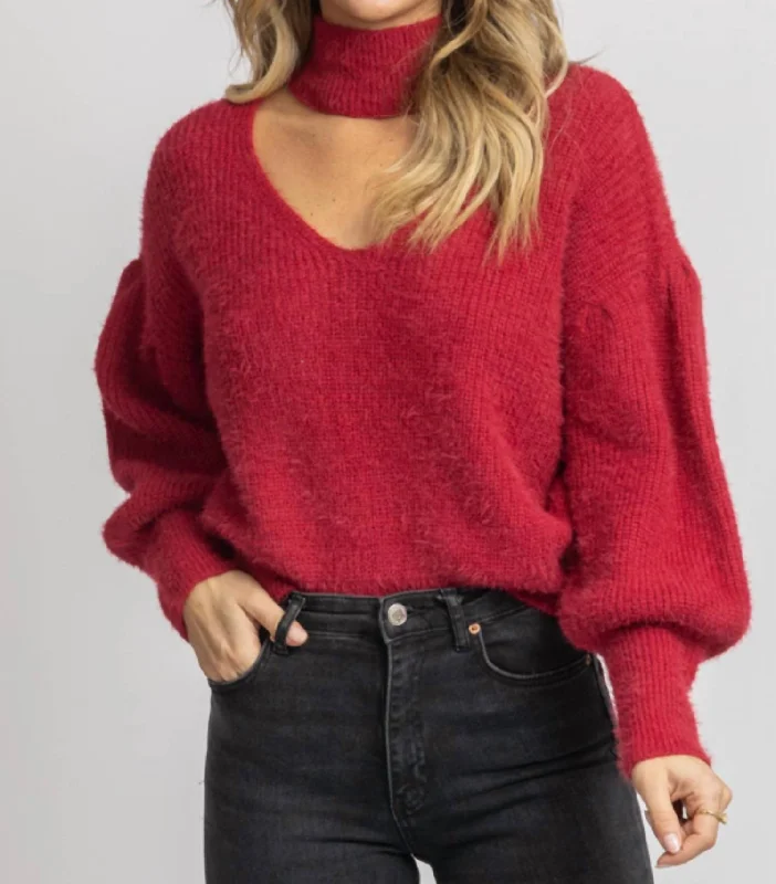 Party Wear Fuzzy Open Neck Turtleneck Sweater In Red
