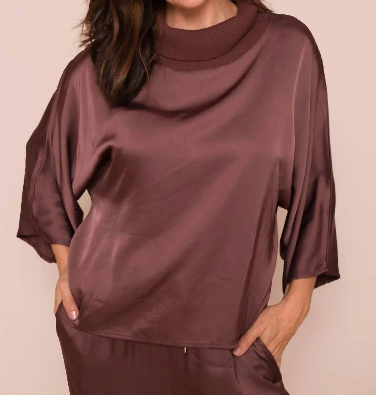 High-quality Fabrics Galina Silky Batwing Top With Rib Cowl Neck Top In Mocha