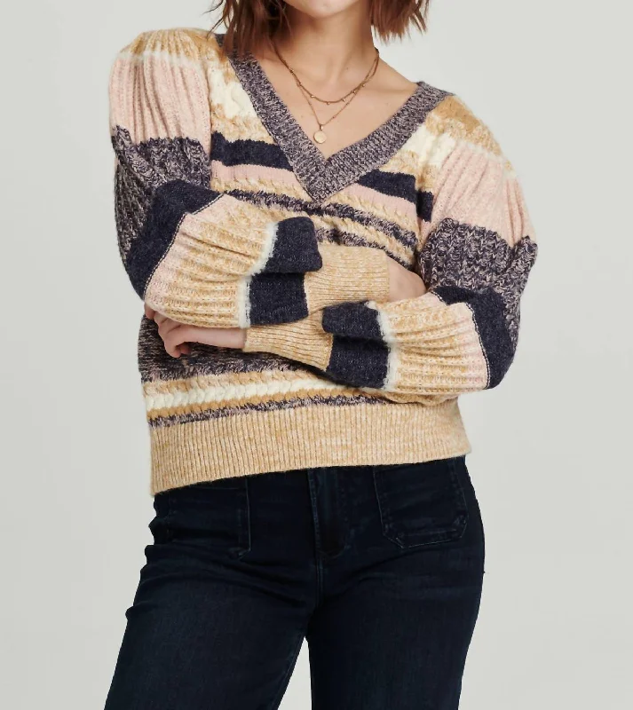 Elegant And Lazy Geneva Puff Sleeve Sweater In Chai Abstract