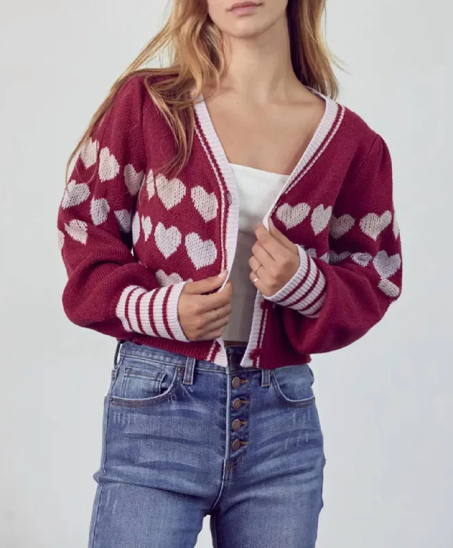Casual Street Heart Button-Front Cardigan In Burgundy Lavender Combo