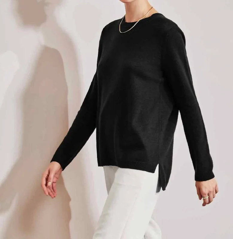 Stretch Design High Low Crewneck Sweater In Black