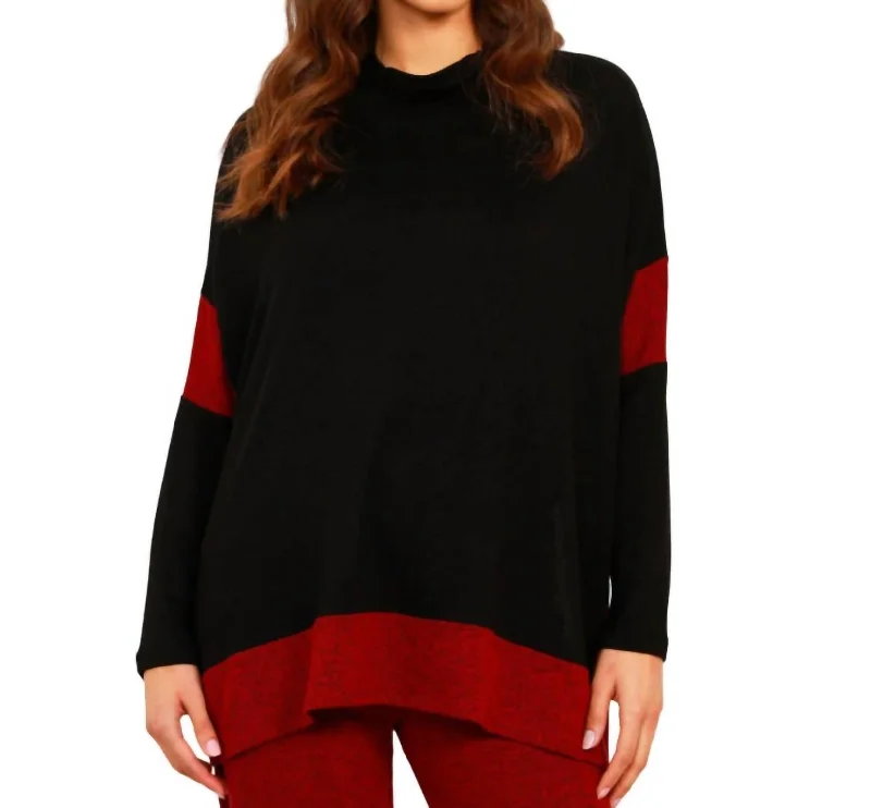 College Style Mock One Size Poncho In Black/wine