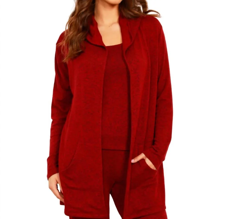 Bright Colors Open Hoodie Duster In Wine