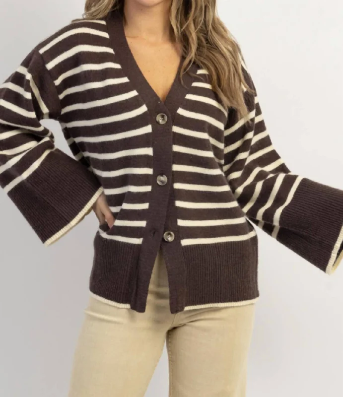 Noble Temperament Presley Stripe Bell Cardigan In Espresso