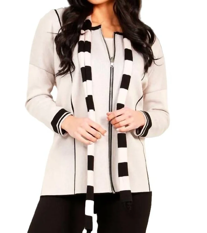 Elegant Style Reversible Zip Poncho With Stripe Scarf In Stone