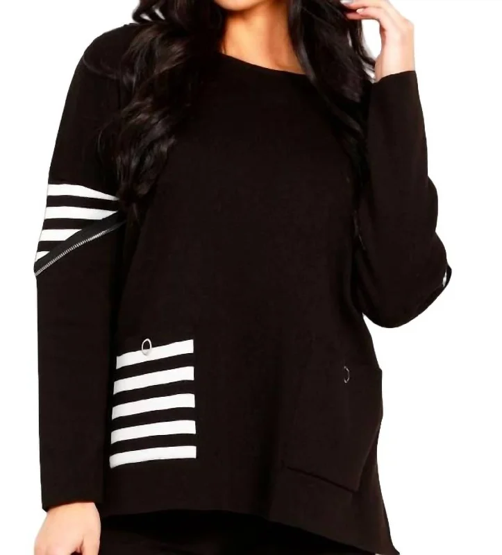 Sweet Girl Striped Pocket Poncho In Black/white
