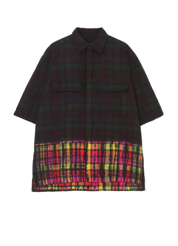 Multi-functional style INDIAN MADRAS CHECK TIE-DIE HALF-SLEEVE BIG SHIRT WITH FLAP POCKETS